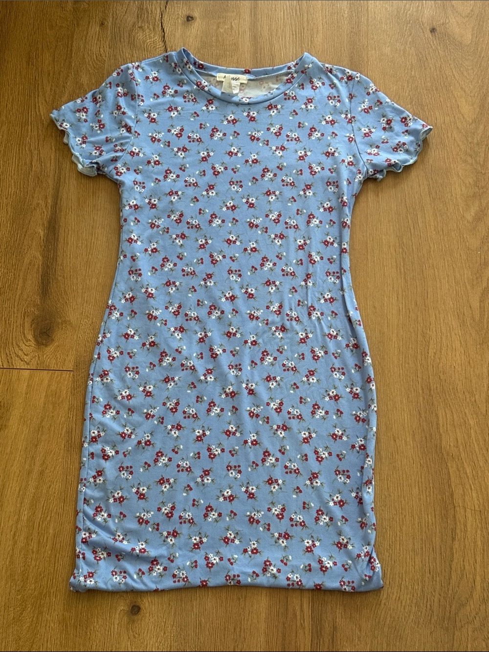 Lysse Light Blue Floral Stretch Tee Dress with Red & White Flowers